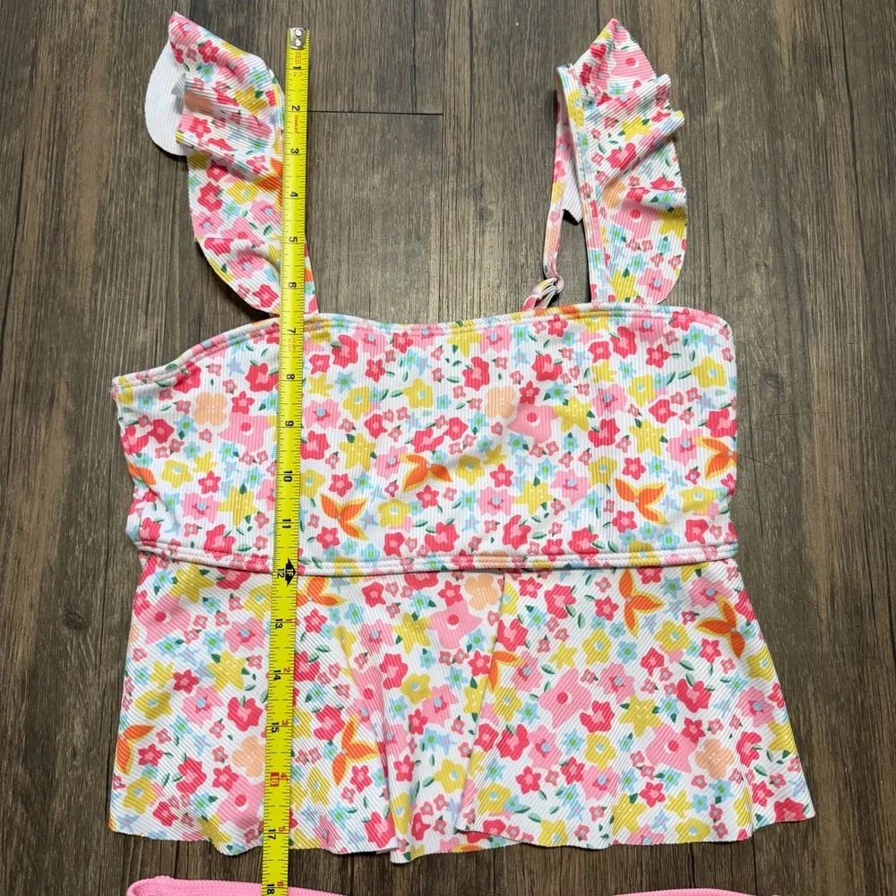 Girls' Pink Red Floral Tankini Set Two-Piece Swimwear Ruffle Straps Stretch 14